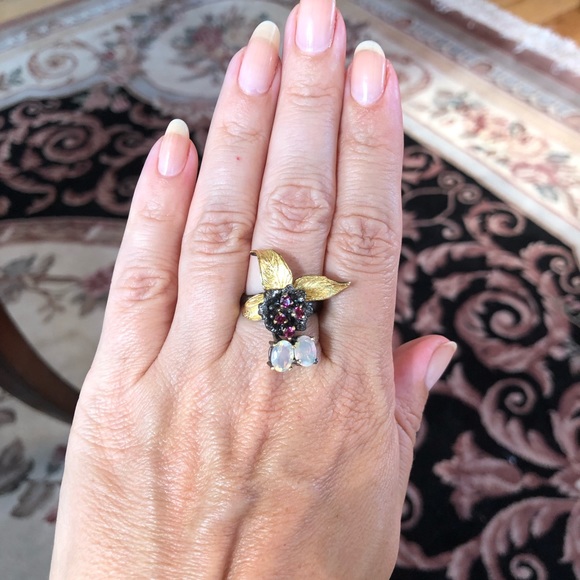 Beautiful Genuine Ethiopian Opal Rhodolite Ring